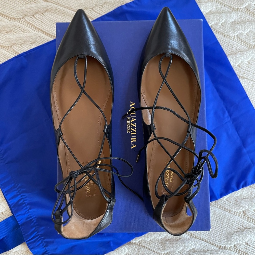 Aquazzura Christy Lace-Up Pointed-Toe Black Flats - Picture 7 of 14
